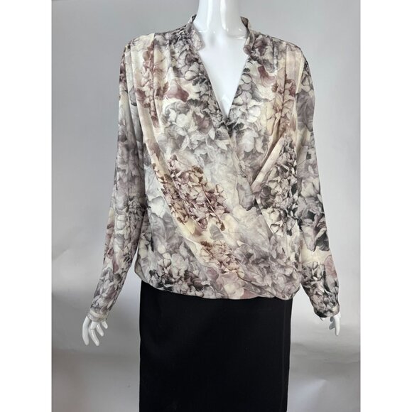 H&M Floral Blouse Wrap Style Draped Front Long Sleeve Polyester Womens L - Picture 16 of 16